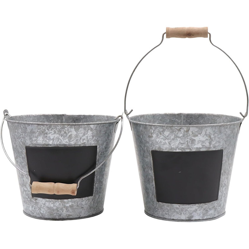 Hosley Set of 2 Metal Pail with Chalkboard and Plastic Liner 7" Dia x 6" H. Ideal Gift for Floral Arrangements Wedding House Warming Floral Planter DIY Craft Home Office Party Garden Patio