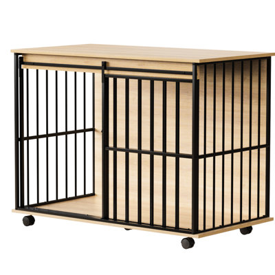 Mobilier pour cage à chien - idéal pour les grandes races, construction, plateau amovible, large porte coulissante, finition neutre, configuration réglable, grands chiens en bois, surface facile à nettoyer, loquet sécuritaire,