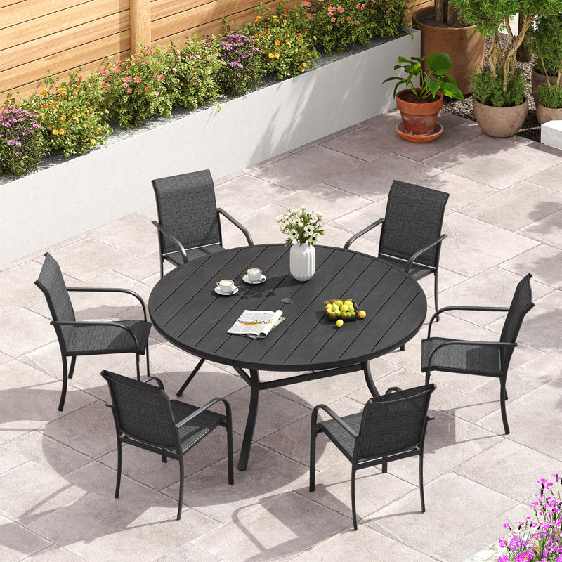 6-Person Patio Dining Set with 56" Round Faux Wood Dining Table and PVC-coated polyester Armrest Chairs, Black
