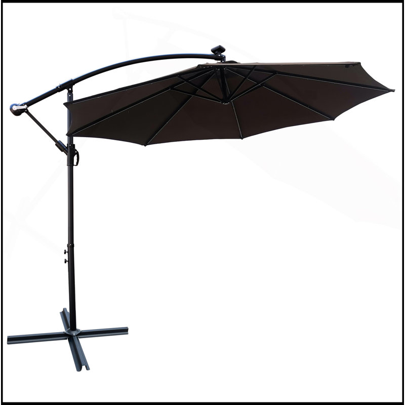 Parasol de terrasse à énergie solaire 10 pi avec parasol 8 lumières à DEL avec manivelle et base transversale pour terrasse de jardin et abri de piscine extérieur