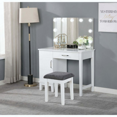 Ensemble coiffeuse Elijah blanc et gris foncé avec éclairage et tabouret