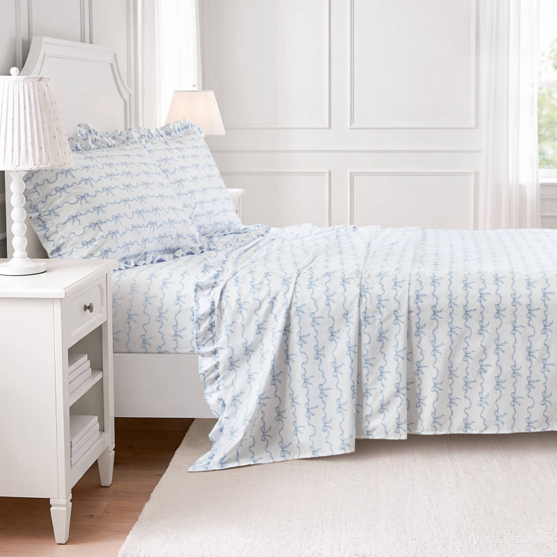Intelligent Design Microfiber Ruffle MF Print Ruffled Hem Sheets, Twin XL, Blue Bow