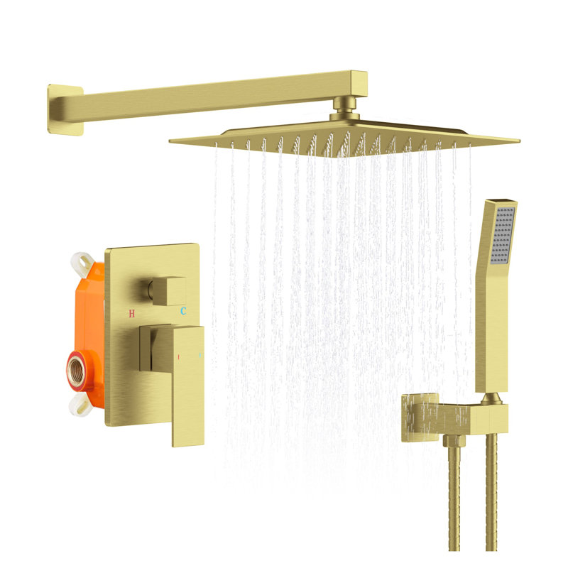 Brushed Gold Shower System with 12 Inch Rainfall Shower Head and Handheld Shower Faucet - Wall Mounted Brass Valve Rough-In Combo Set
