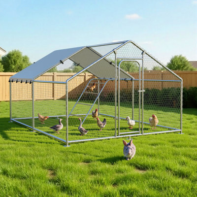 Extra Large Chicken Coop,Metal Walk In Poultry Cage With Waterproof and Roosting.Chicken Run Pen Silver with Lockable Door For Backyard Farm Garden
