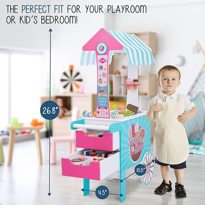 Ensemble de jeu en bois Lil 'JUMM Sweet Treats, chariot de crème glacée pour enfants avec plus de 20 cornets