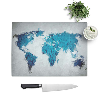 Tempered Glass Teal Blue Map of the World in Abstract Chopping Board