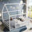 Full Size Wooden Floor Bed with House Roof Frame & Fence Guardrails, Montessori Kids Bed, White-367676032-367676033