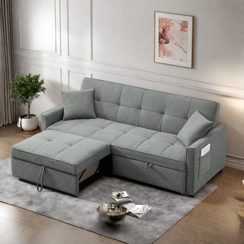 3 In 1 Convertible Sleeper Sofa Bed With Reclining Backrest, Pillows And Side Pockets, Gray