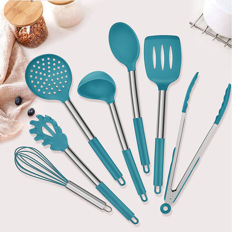 Ensemble d'ustensiles de cuisine en silicone, ensemble d'ustensiles de cuisine en acier inoxydable, résistant à la chaleur antiadhésif, bleu foncé
