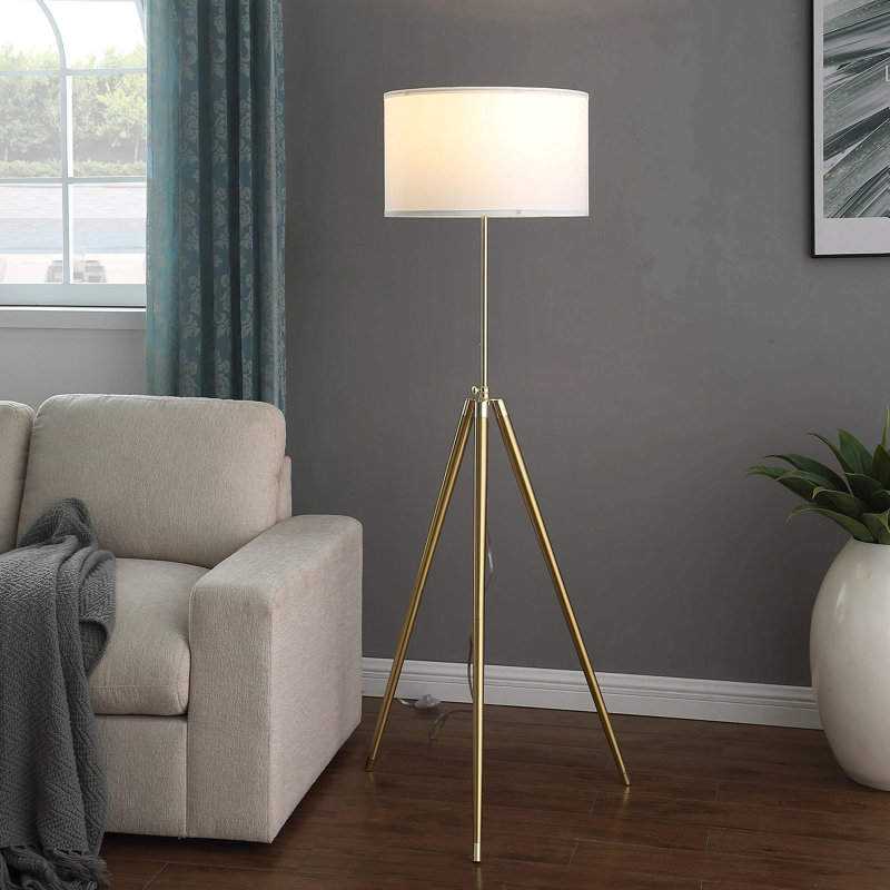 64" - 47"H Adjustable Height Brass/Shiny Gold Modern Tripod Floor Lamp For Living Room, Standing Lamp For Bedroom, Gold