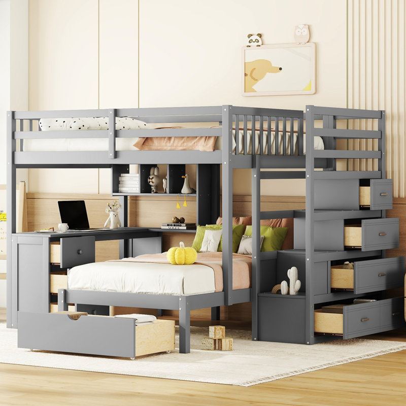 Full Over Twin Bunk Bed In Gray, Equipped With Desk, Drawers And Shelves For Family Bedroom Needs Gray Storage A Tidy Functional Design