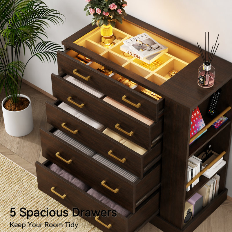 5 Drawer Dresser with LED Lighting & Glass Top, 31.71" Storage Cabinet with Side Shelves & Jewelry Organizer, Modern Closet Island Chest for Bedroom, White