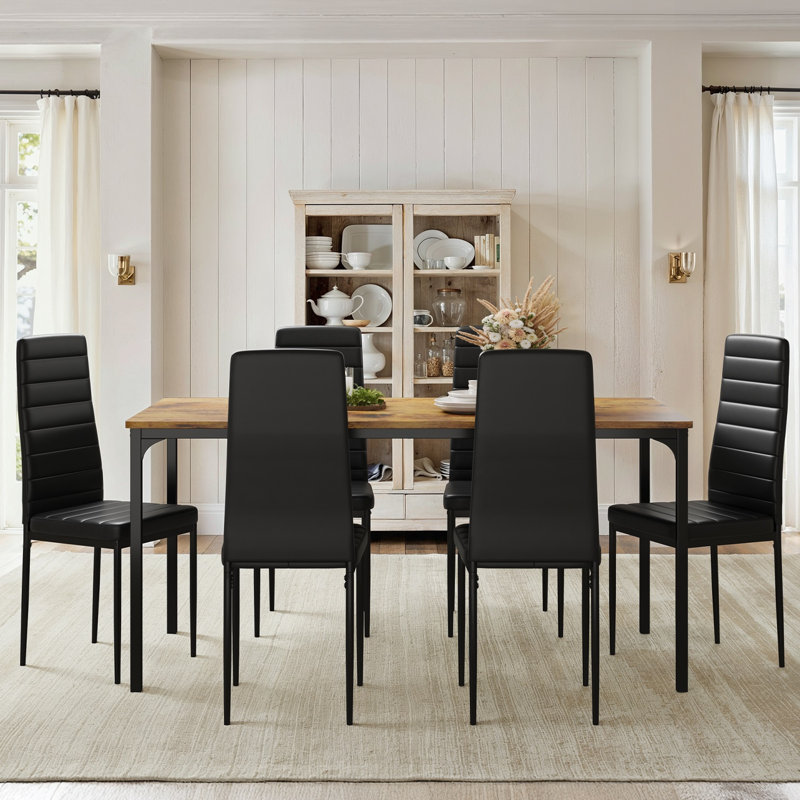 Modern 7-Piece Wood & Metal Dining Set For Kitchen & Dining Room, Brown