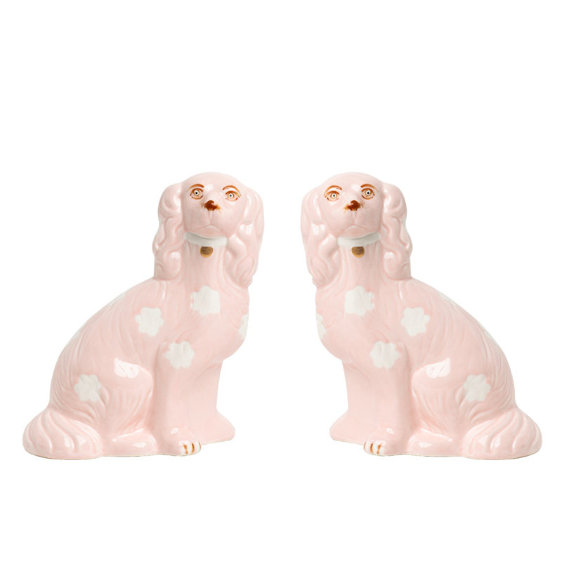 Porcelain Staffordshire Dogs (Set of 2), Pink, 8" H x 6" W x 6" D
