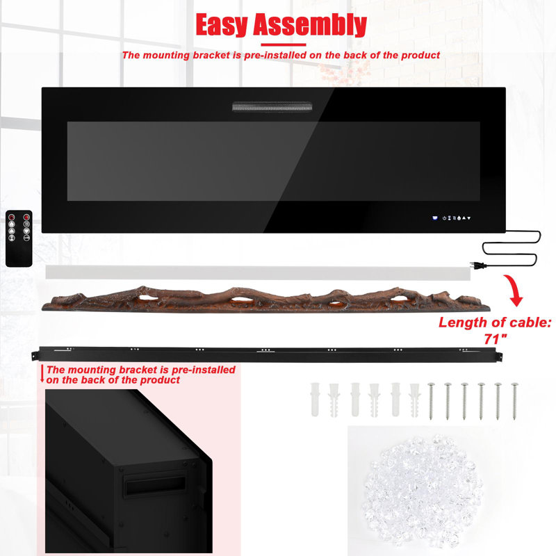 Datus Black Electric Fireplace Insert, 19" H x 60" W x 5.1" D