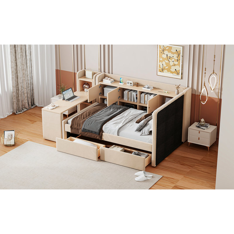 Twin Size Upholstered Beige Daybed With Drawers, Shelves, Flip Cabinets And A Side Table - Ideal For Compact Living, Space Saving Versatile Featuring Small Rooms, All In One Design Ample Storage Built