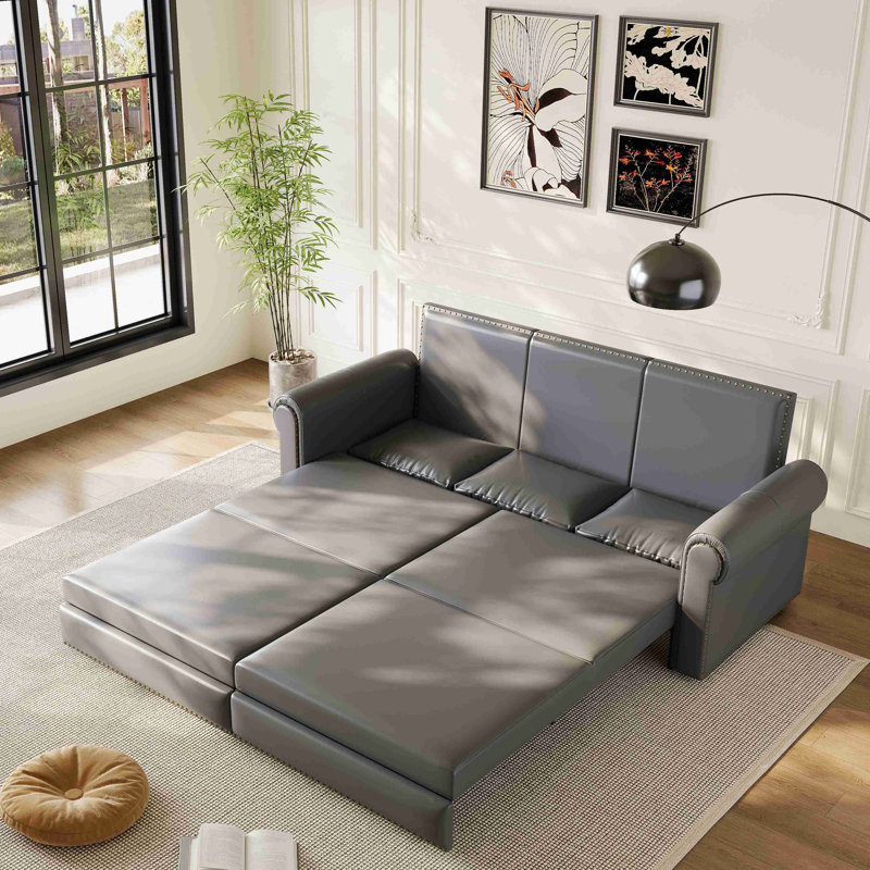 Canapé Chesterfield, canapé-lit gigogne de 93,7 po, canapé-lit convertible 3 en 1 en similicuir, Gris