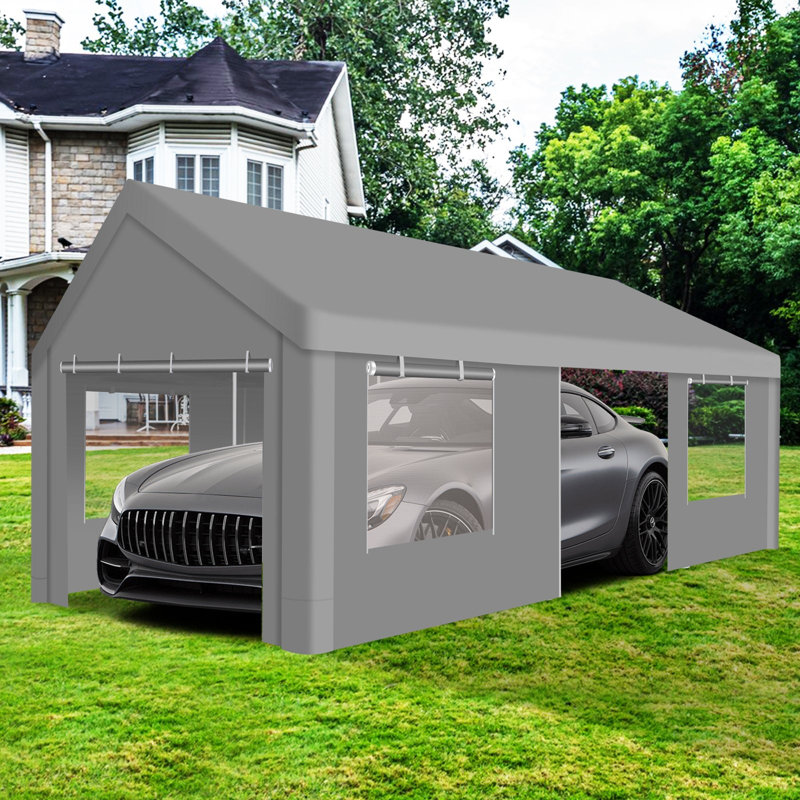Abri de voiture robuste 12 po x 20 pi avec fenêtres à enroulement avec parois latérales et porte amovibles, Gris