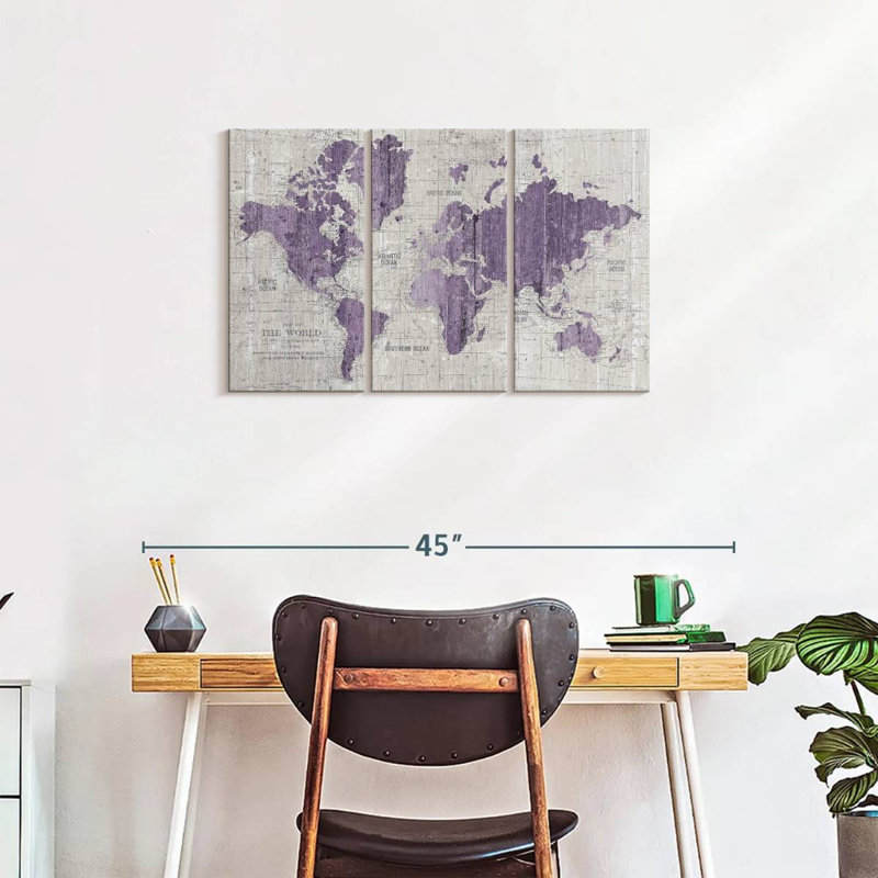 «Old World Map», impression murale sur toile mauve et grise, H 20 po x l 33 po x P 1,25 po