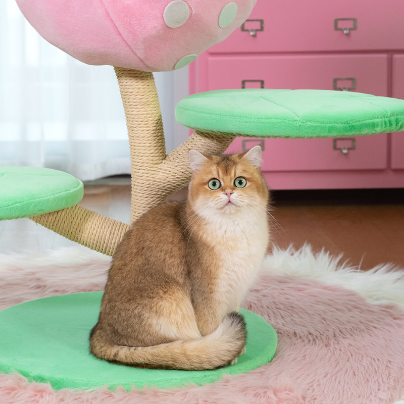 Pink and Green Plush Cat Tree with Sisal Scratching Posts