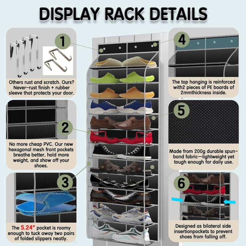 Over-the-door Shoe Organizer With 12 Large Breathable Pockets, Black