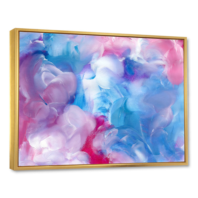 Nuage abstrait bleu et rouge - Peinture sur toile, H 30 po x l 40 po, Toile à cadre flottant doré