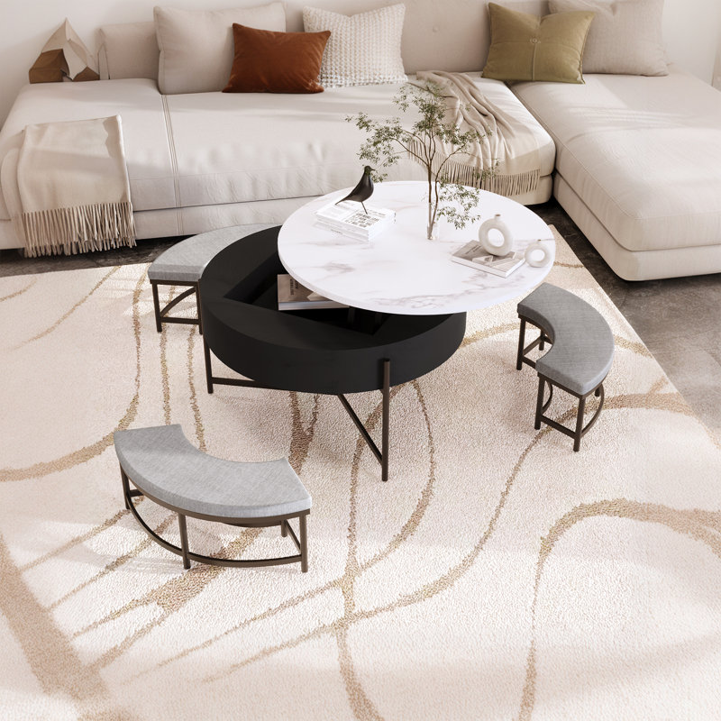 Table basse moderne à plateau relevable avec rangement et 3 tabourets, Noir