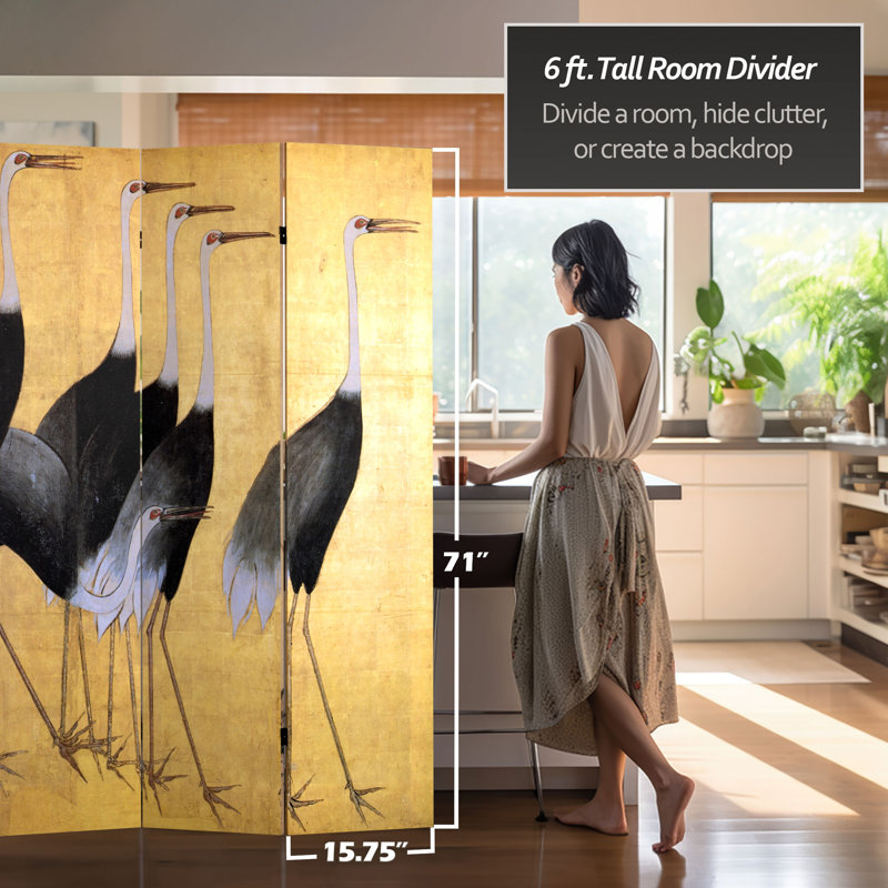 East Asian Art Canvas Folding Room Divider, Cranes