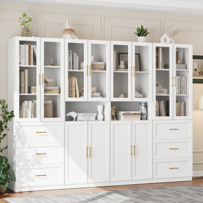 Glass Door Storage Bookcase with Adjustable Shelves and 6 Large Drawers, 71 Inches High, MDF