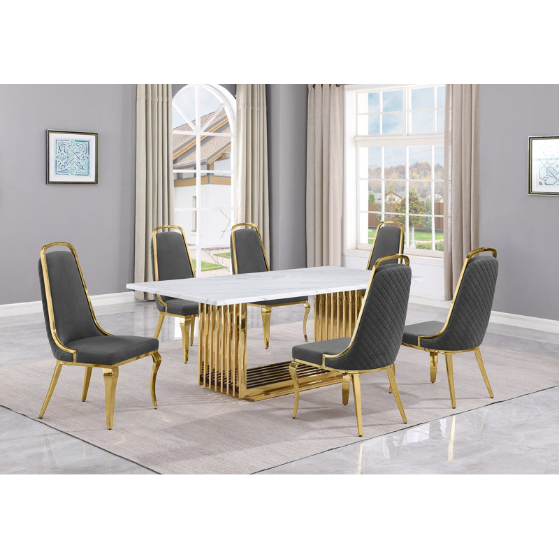 Ensemble de salle à manger rectangulaire L 79 po x l 40 po Kenne, 7, Gris/doré, Or