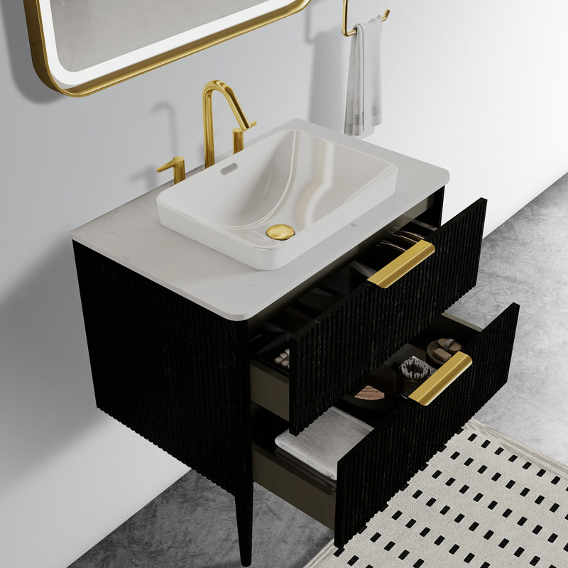 Armoire de salle de bain en chêne noir - 30 po, lavabo en céramique, comptoir de meuble-lavabo à charnières lisses 30 po, attrait moderne
