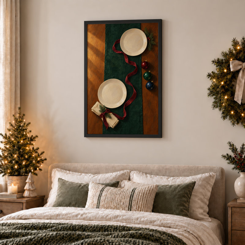 Art de la table avec des plaques blanches et un ruban rouge, H 36 po x l 24 po