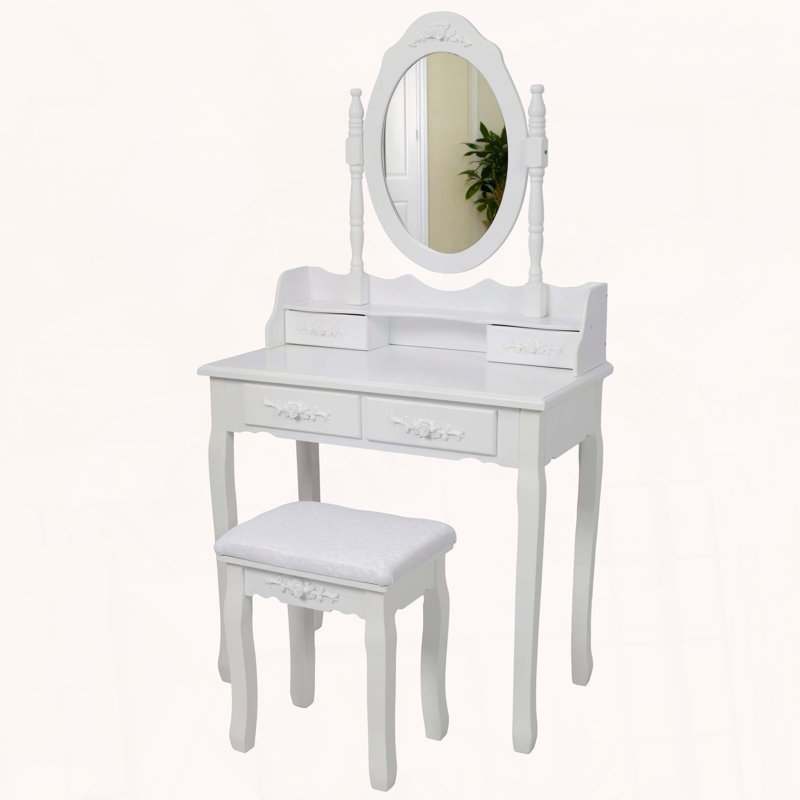 Vanity Desk Set with 360° Rotating Mirror and 4 Drawers, White