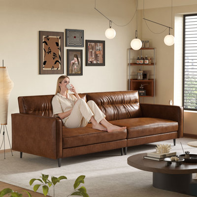 86.8 Inch Leather Sofa, 2-3 Seater Sofa Brown Faux Leather Couch for Living Room,  Modern Style Sofa for Apartments, Easy Clean