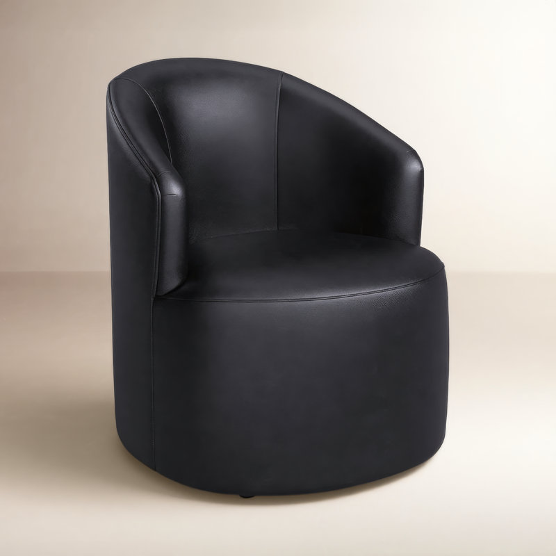 Fauteuil demi-tonneau pivotant en cuir Deryn, Fleur de cuir véritable avec plateau acier Revela