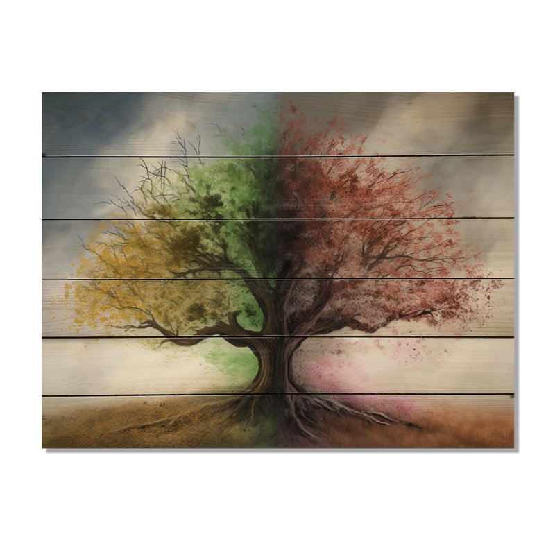 Tree Season Change II - Tree Floral Print on Natural Pine Wood, 10" H x 20" W x 0.78" D