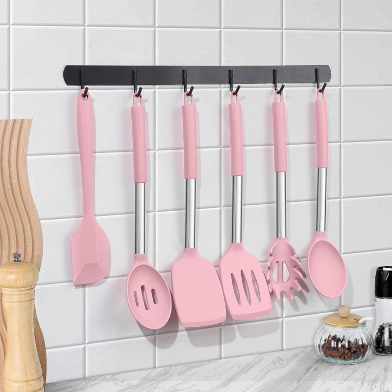 Ensemble d'ustensiles de cuisine en silicone 15 pièces, résistant à la chaleur antiadhésif, lavable au lave-vaisselle, sans BPA, rose