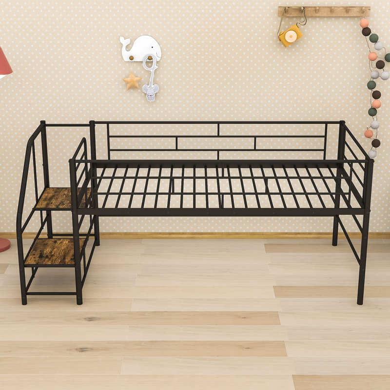 Twin Mid Loft Bed With Integrated Storage Stairs And Guardrails, Black