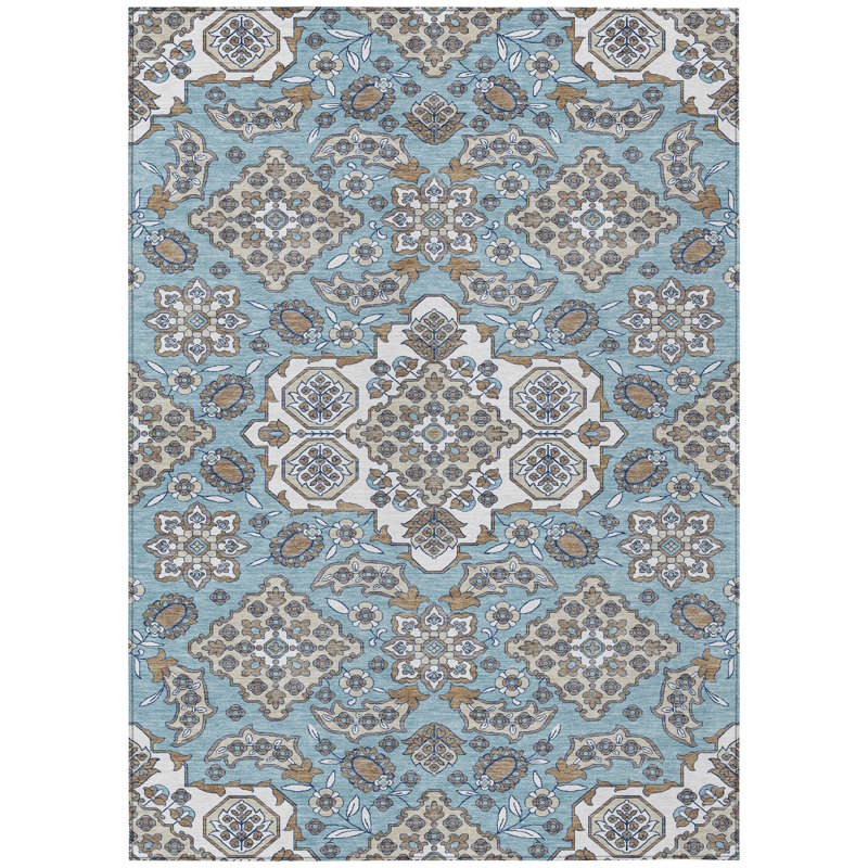 3' X 5' Sky Blue Taupe And Ivory Medallion Washable Indoor Outdoor Area Rug