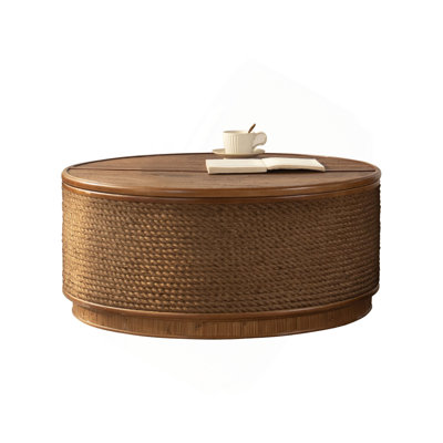 Round Rattan Coffee Table with Lift-Off Lid Storage, Hand-Woven Hemp Rope Trim, Boho-Chic Style, for Cozy Living Rooms Compact Spaces