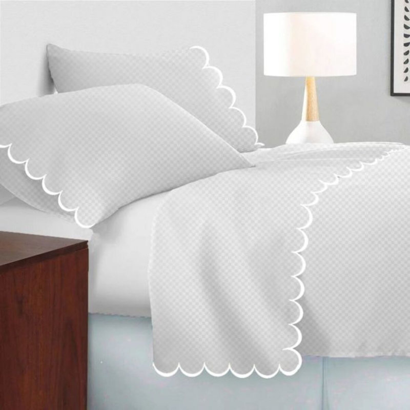 Allena 400TC Cotton Scallop Embroidery Sateen Microcheck Cotton 4 Piece Sheet Set Fitted Sheet Fits Upto 16" Deep Pocket