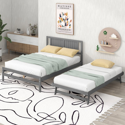 Full Size Platform Bed with Adjustable Trundle and Solid Pine Frame,Gray