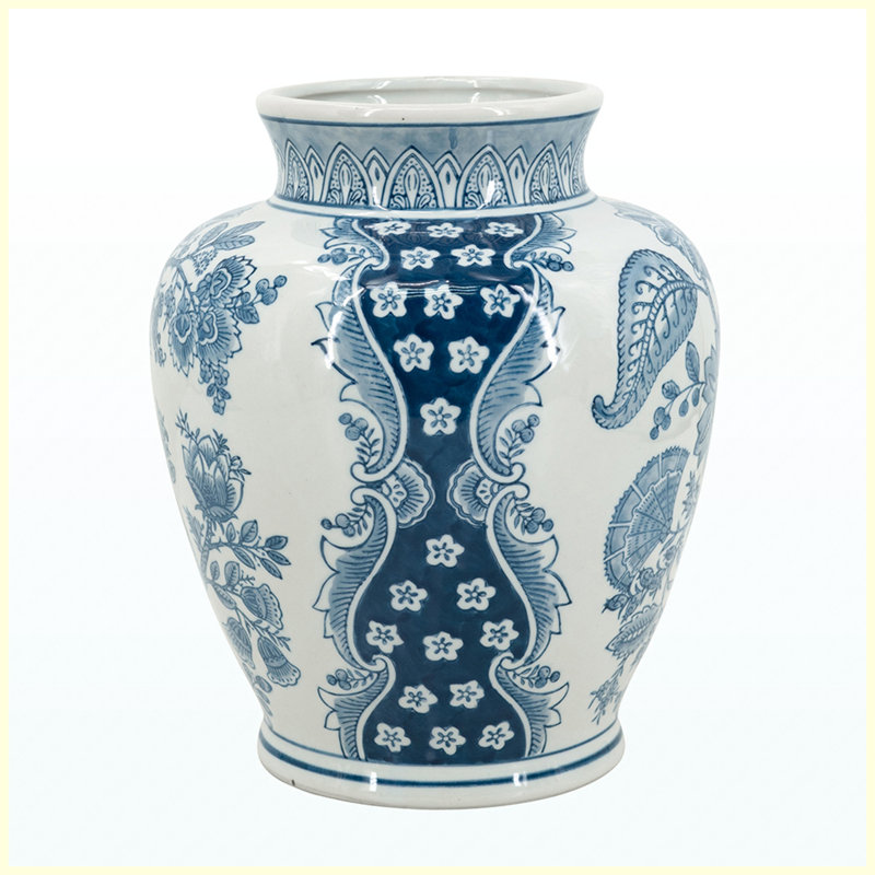 Vase en céramique 9,1 x 11 pouces avec motifs floraux bleus et blancs, vase décoratif en céramique