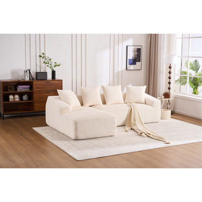 Boneless COMPRESSION SOFA: Combining Chaise Longue With 3-Seater, Corduroy Fabric, Full Sponge Compression Sofa, Combined Sofa With 4 Pillows For Living/ Home Furniture/ Apartment