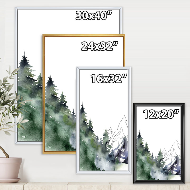 «Winter Dark Blue Mountain Landscape with Trees III», peinture sur toile à cadre flottant, Toile avec cadre noir
