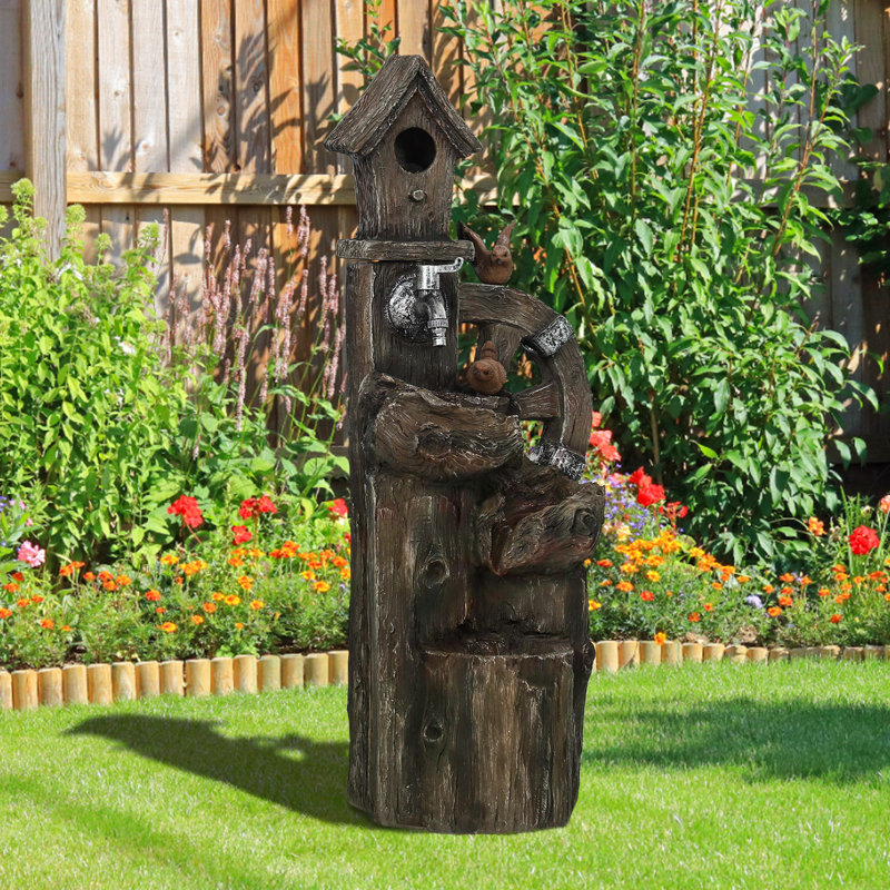 2-in-1 Outdoor Water Fountain with Birdhouse, Outdoor Waterfall