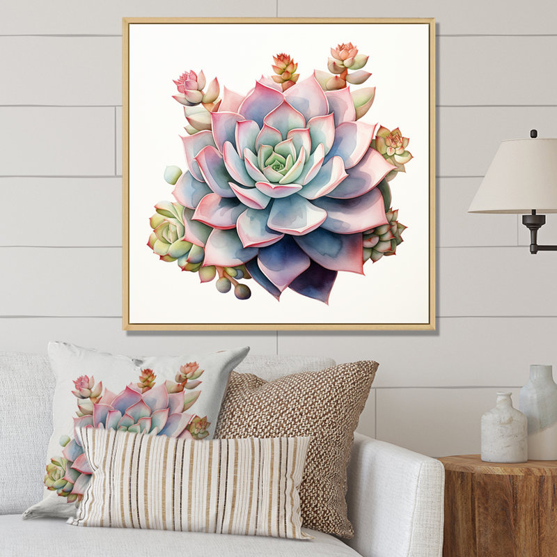 Blossoming Succulent Tender Retro - bleu et rose sur toile, Cadre naturel flottant, H 24 po x l 24 po x P 1 po
