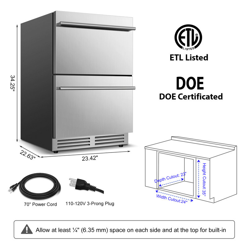 24" Beverage Refrigerator Double Drawer 180 Cans Built-In Stainless Steel Beer Cooler Fridge with Silent Slide 2 Compartment Organizer