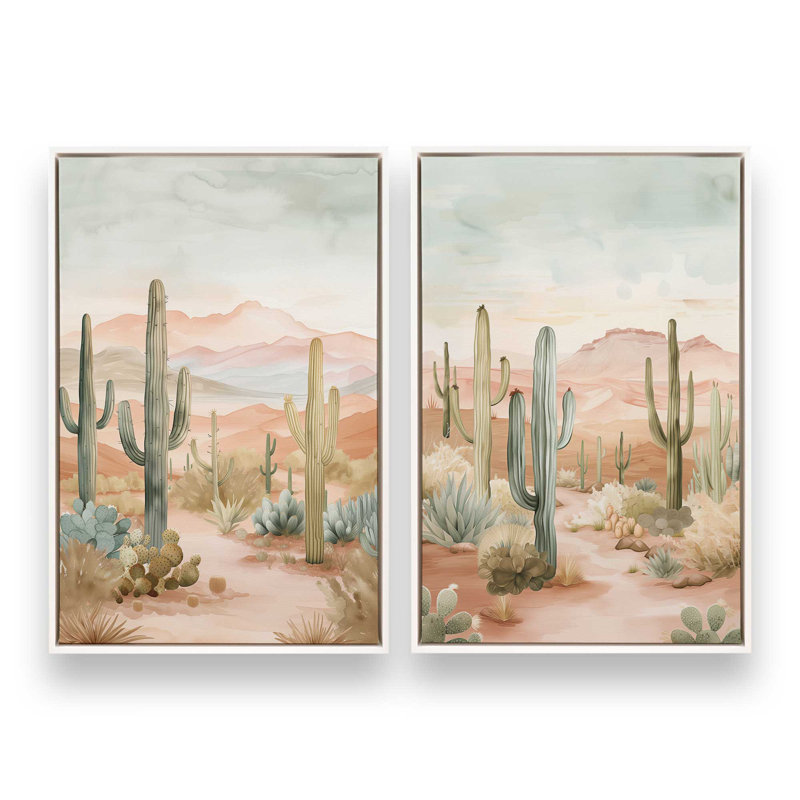Ensemble de 2 impressions sur toile Cactus Waltz, Cadre flottant blanc opaque, H 36,75 po x l 49,5 po x P 1,75 po