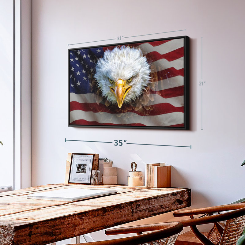"Aigle à tête blanche sur un drapeau américain", H 21 po x l 31 po